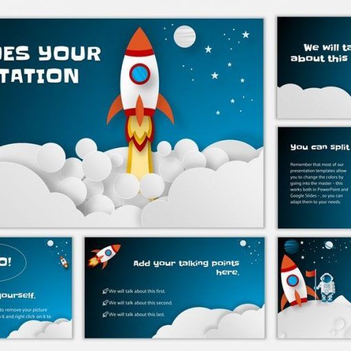 A free pptx template or Google Slides theme that features spacecrafts, astronauts and planets.